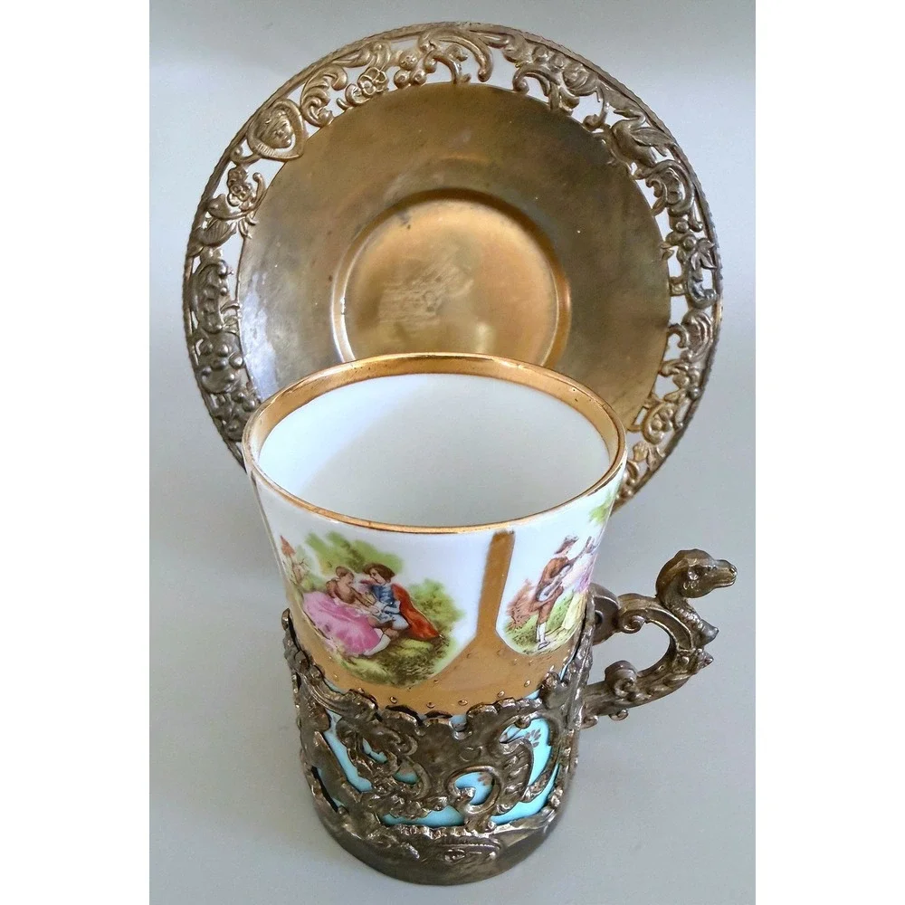 Antique Vienna‑Style Porcelain Cup w/ Ornate Silverplate Holder & Saucer